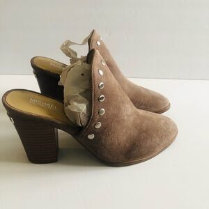 Michael Kors Louise Mule Taupe Suede Block Heel With Silver Studded Size 8 M